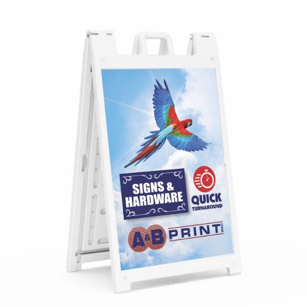 Weatherproof plastic A-frame sign that resists fading, cracking, and discoloration, providing reliable outdoor signage year-r