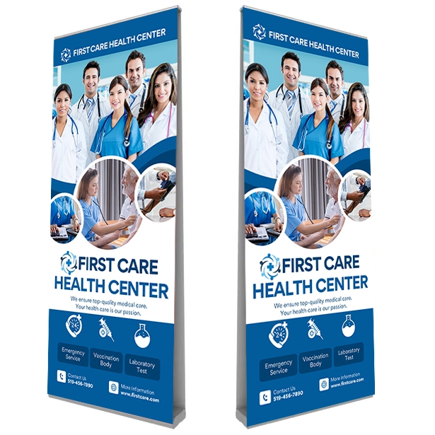 Versatile double-sided pull-up banner showcasing dual branding, perfect for corporate events or conventions.