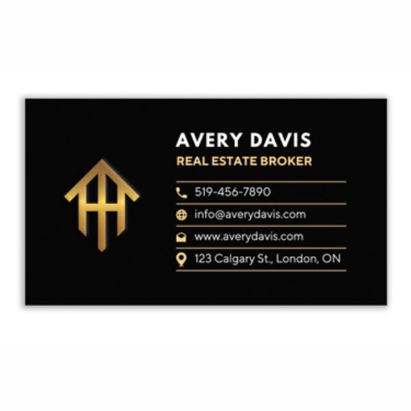 Elegant foil stamped business card with a luxurious gold finish, featuring intricate detailing and a premium quality look.