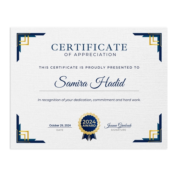Personalized certificate with a classic look, featuring a silver border and customizable text for recognition.