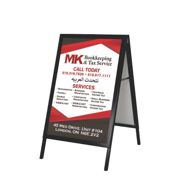 Metal A-frame signs with a quick-change design, allowing for easy updates to graphics, making them ideal for businesses with