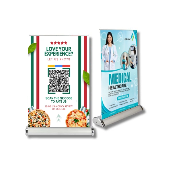 Mini table top pull-up banner perfect for showcasing menus, promotions, or announcements at restaurants or cafes.
