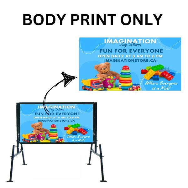 Roadside sign body print with laminated coating, offering added protection against rain and UV exposure.