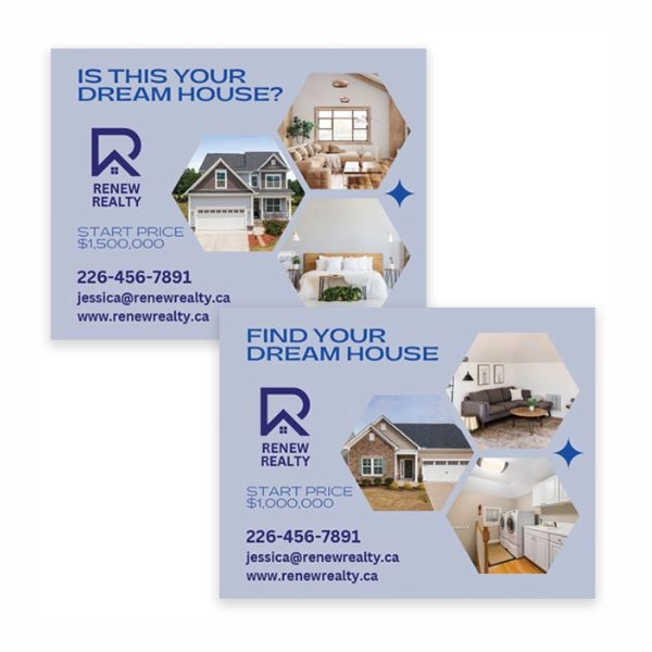 Postcards used for direct mail campaigns, featuring company promotions and special offers.