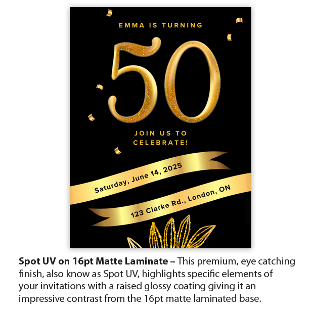 Flat invitations featuring 18pt soft touch lamination and rose gold foil