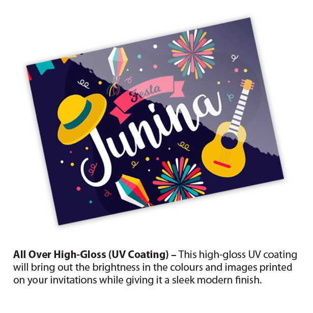 Specialty flat invitation with 16pt cardstock and high-gloss UV coating