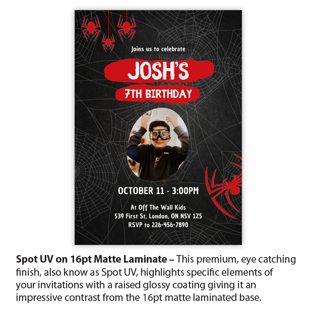 Elegant event flat invitations with matte finish and spot UV touches