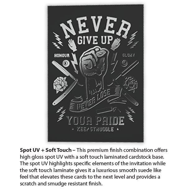 High-end flat invitations with soft touch coating and spot UV embellishments