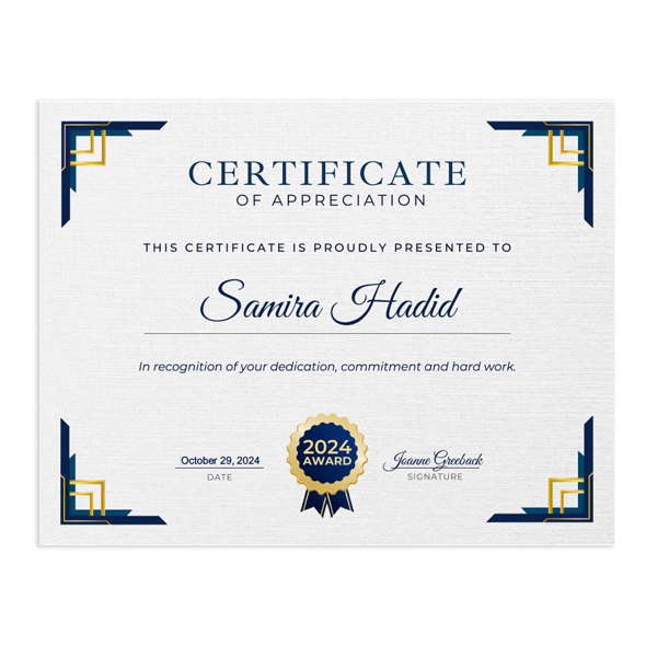 Personalized certificate with a classic look, featuring a silver border and customizable text for recognition.