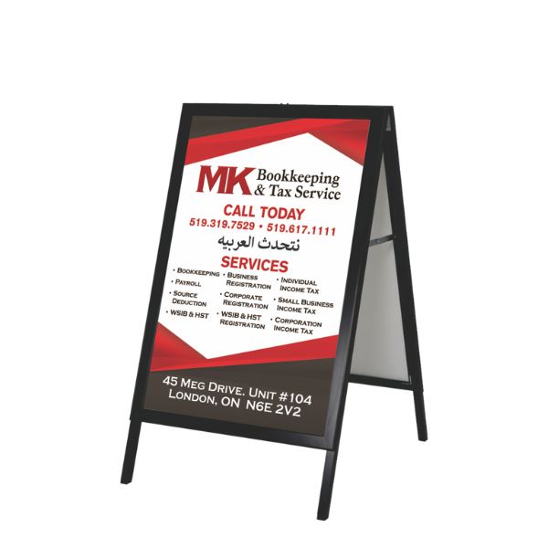 Metal A-frame signs with a quick-change design, allowing for easy updates to graphics, making them ideal for businesses with