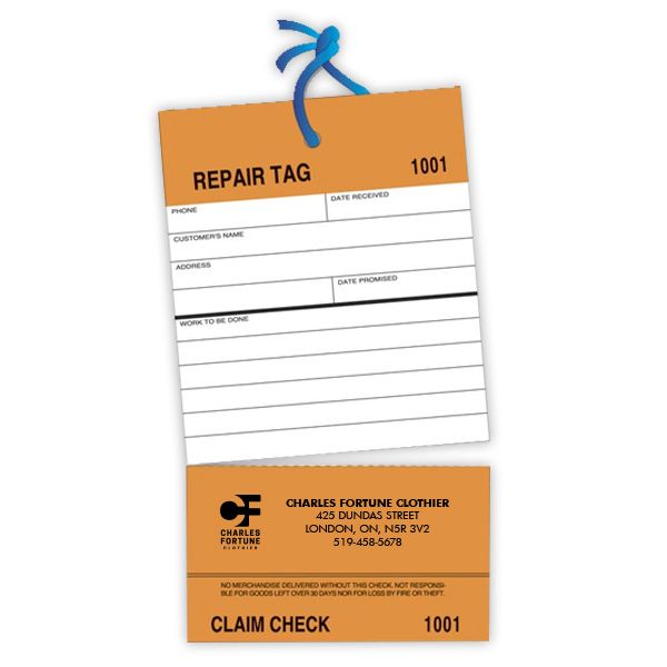 Repair tag/claim check for tracking items under repair or service, featuring a secure design with numbered sections for custo