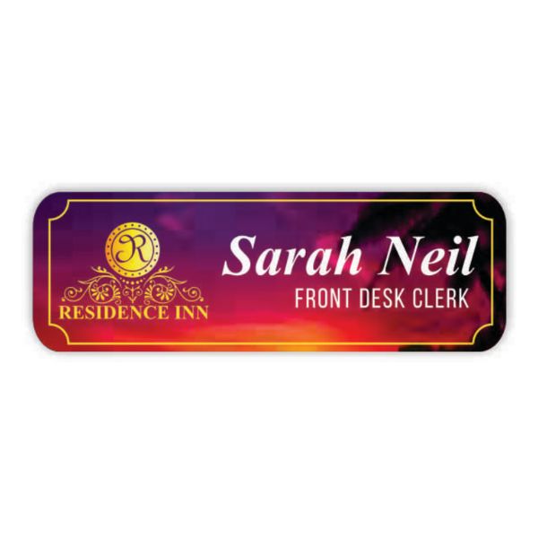 Lightweight plastic name badge with high-resolution full-color imprint and protective coating