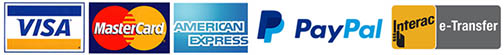 We accept Visa, Mastercard, American Express, Paypal, and Interac E-Transfer