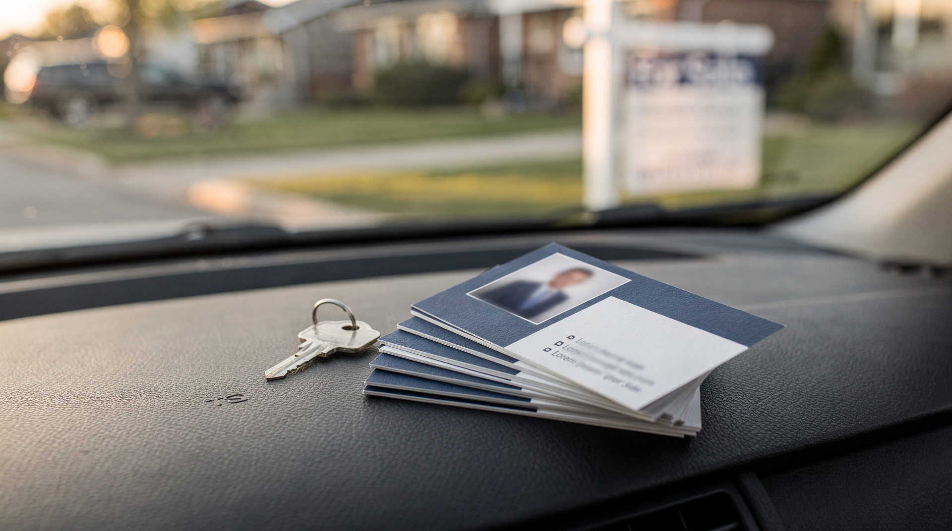 Realtor business cards fanned on a car dashboard beside a house key, Print Fast Toronto