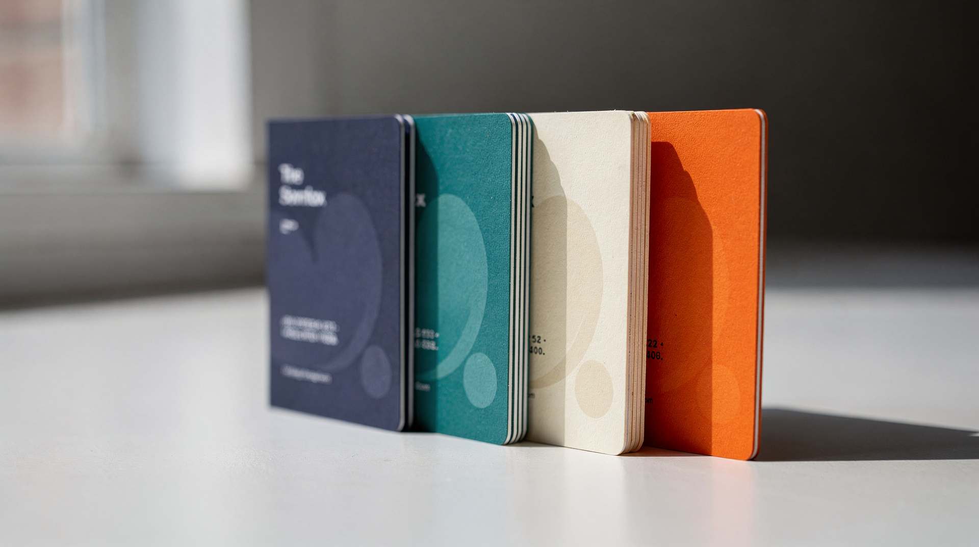 Four business cards on edge showing different paper thicknesses, Print Fast Toronto