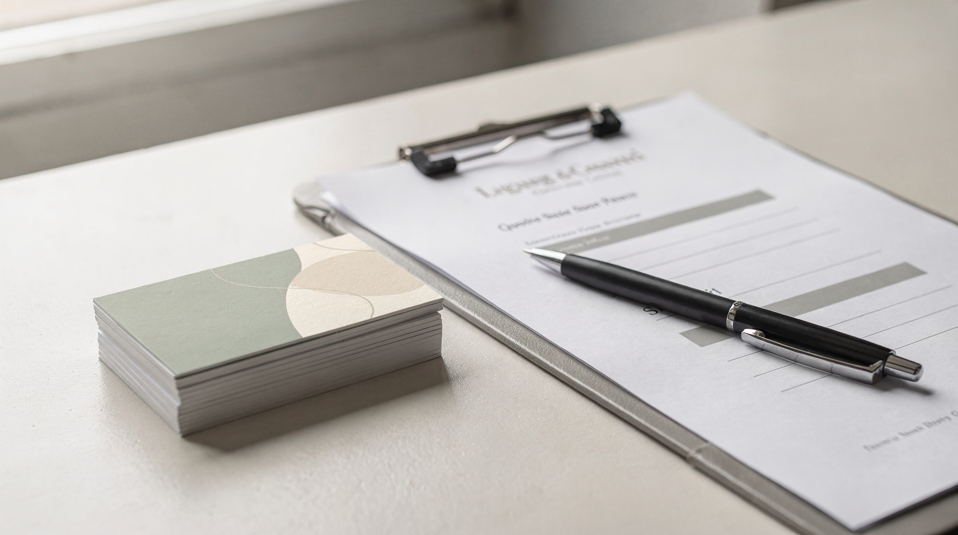 Stack of business cards beside a clipboard with a printed quote sheet, Print Fast Toronto