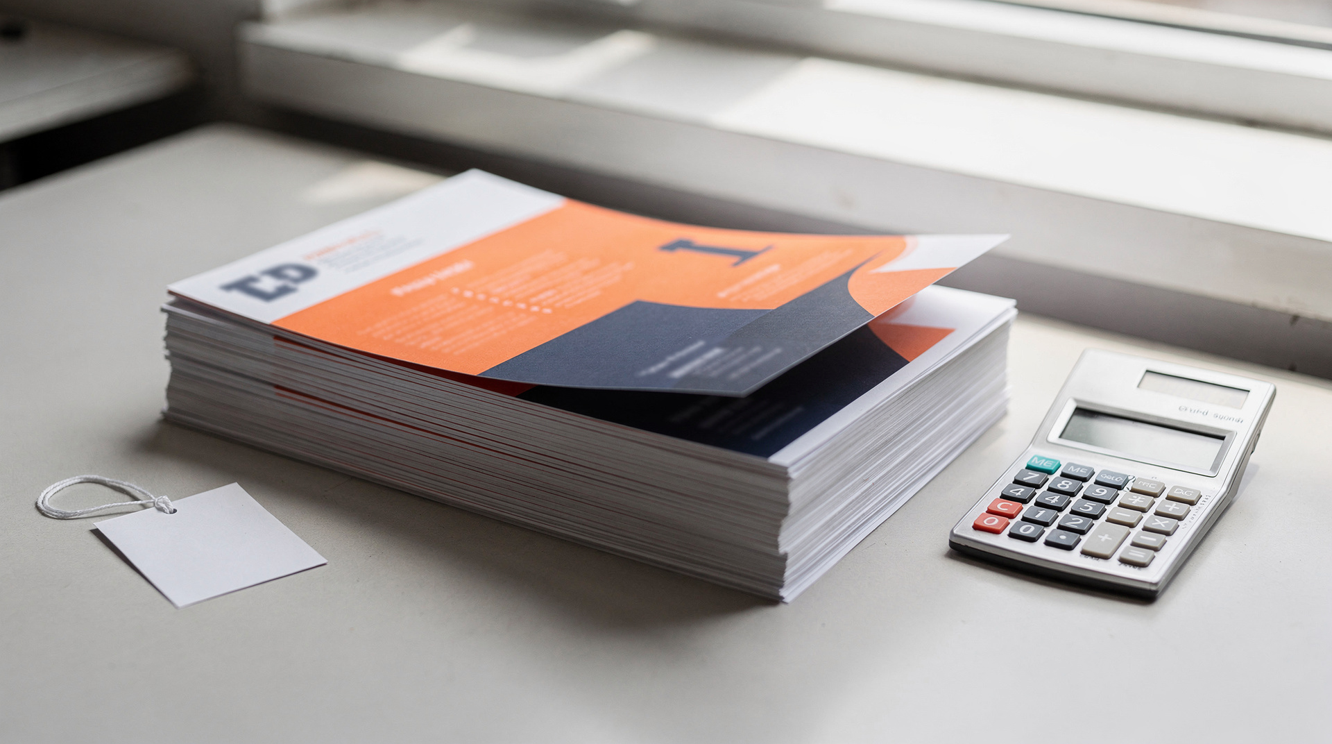 Stack of glossy flyers beside a price tag and calculator, Print Fast Toronto