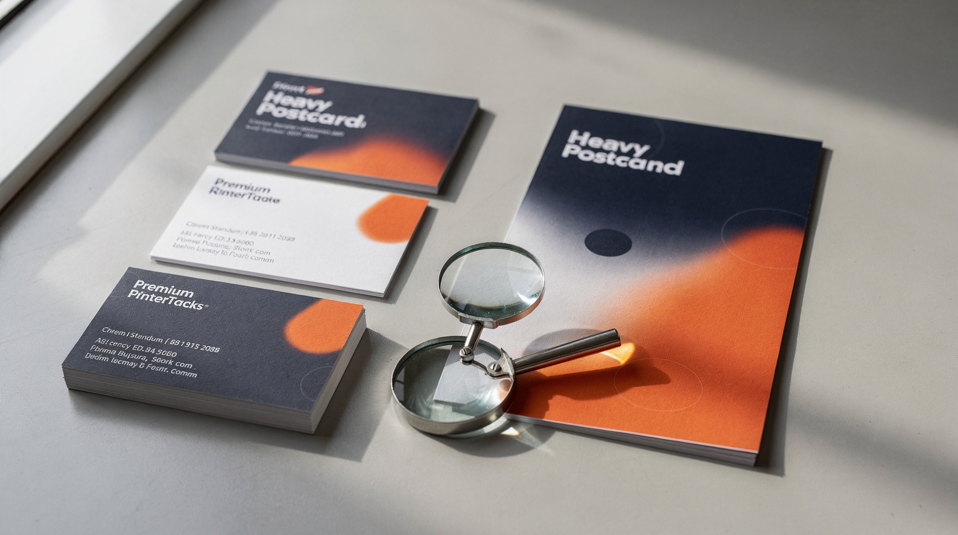 Two sets of business cards, postcards and flyers compared under a loupe, Print Fast Toronto