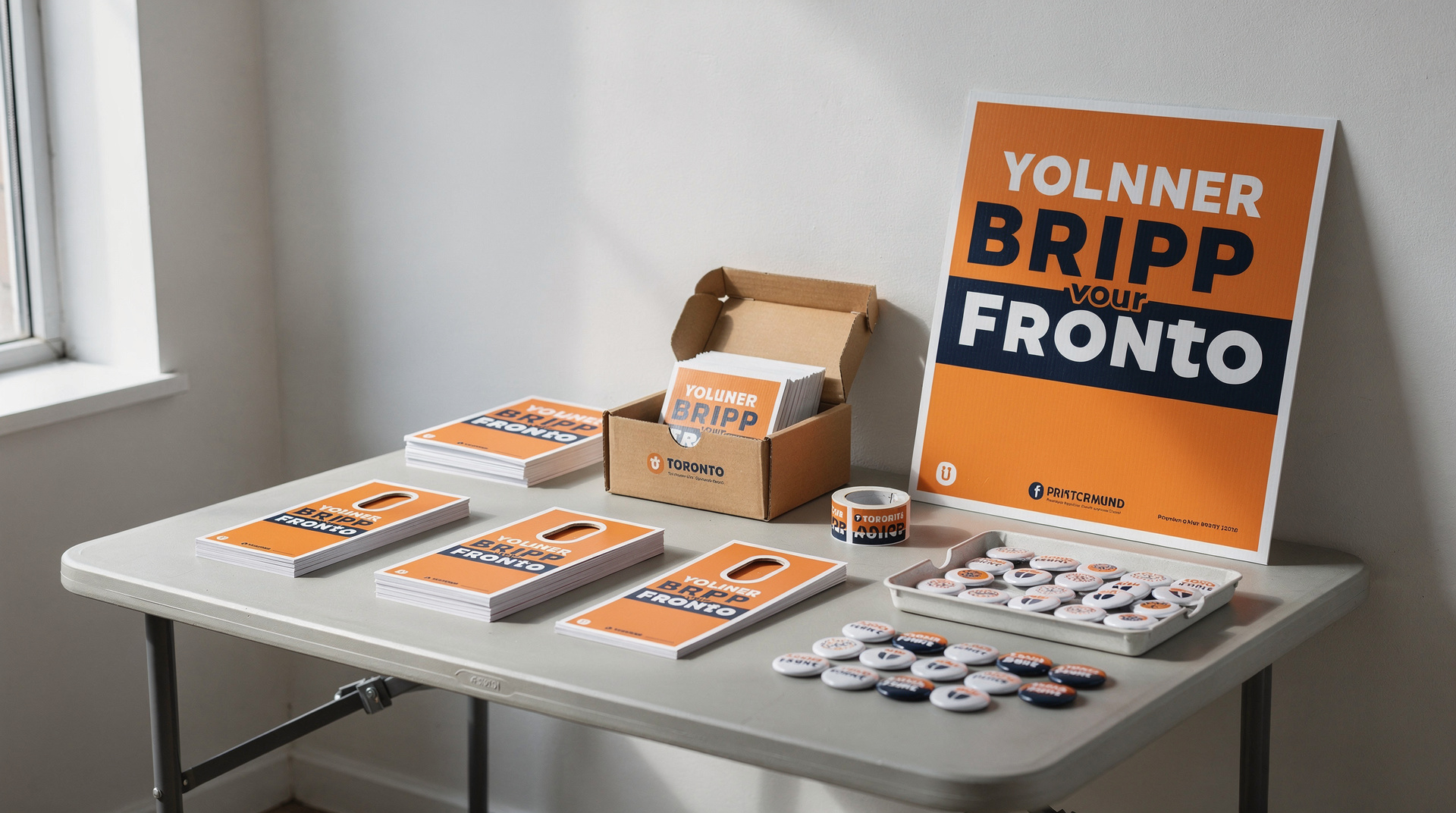 Lawn sign, flyers, door hangers, stickers and buttons in a campaign office, Print Fast Toronto
