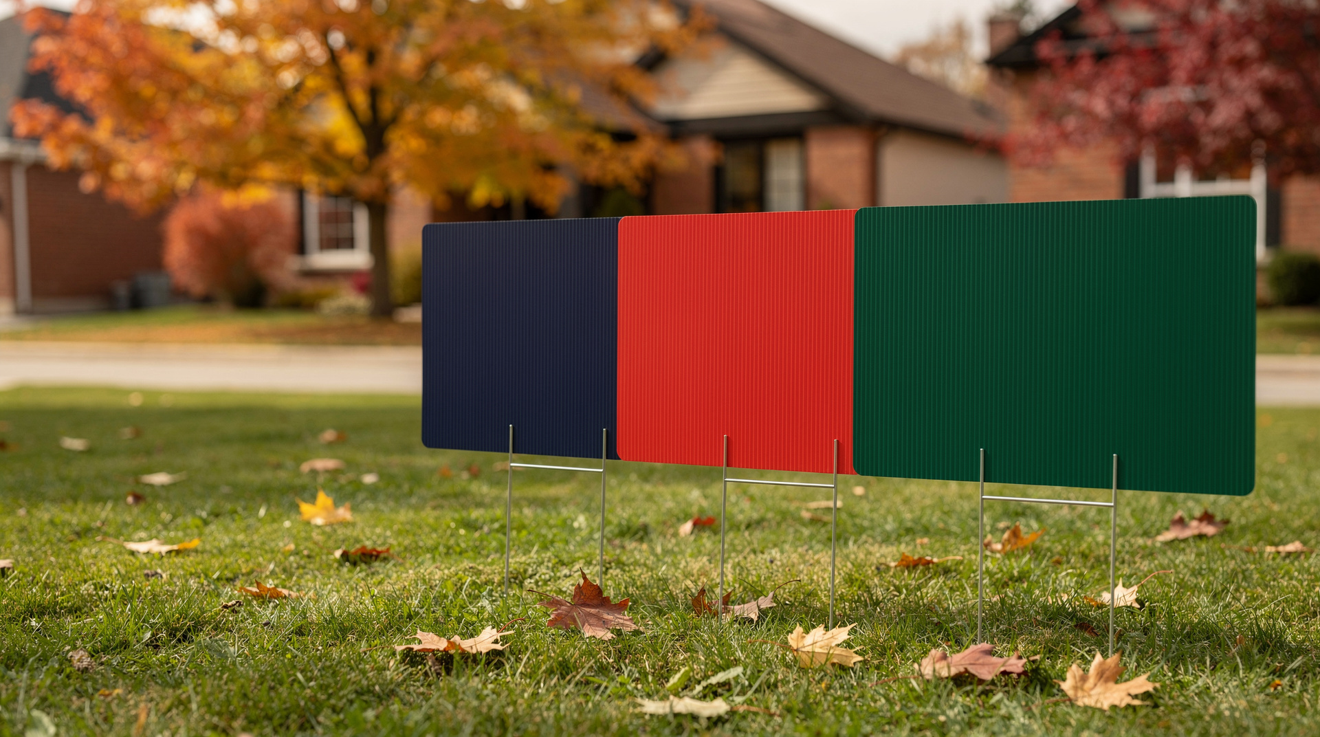 Three full colour corrugated plastic lawn signs on wire H-stakes in a grass field, Print Fast Toronto