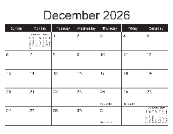 USA 2026 Calendar - USA Dates (December 2025 to December 2026)