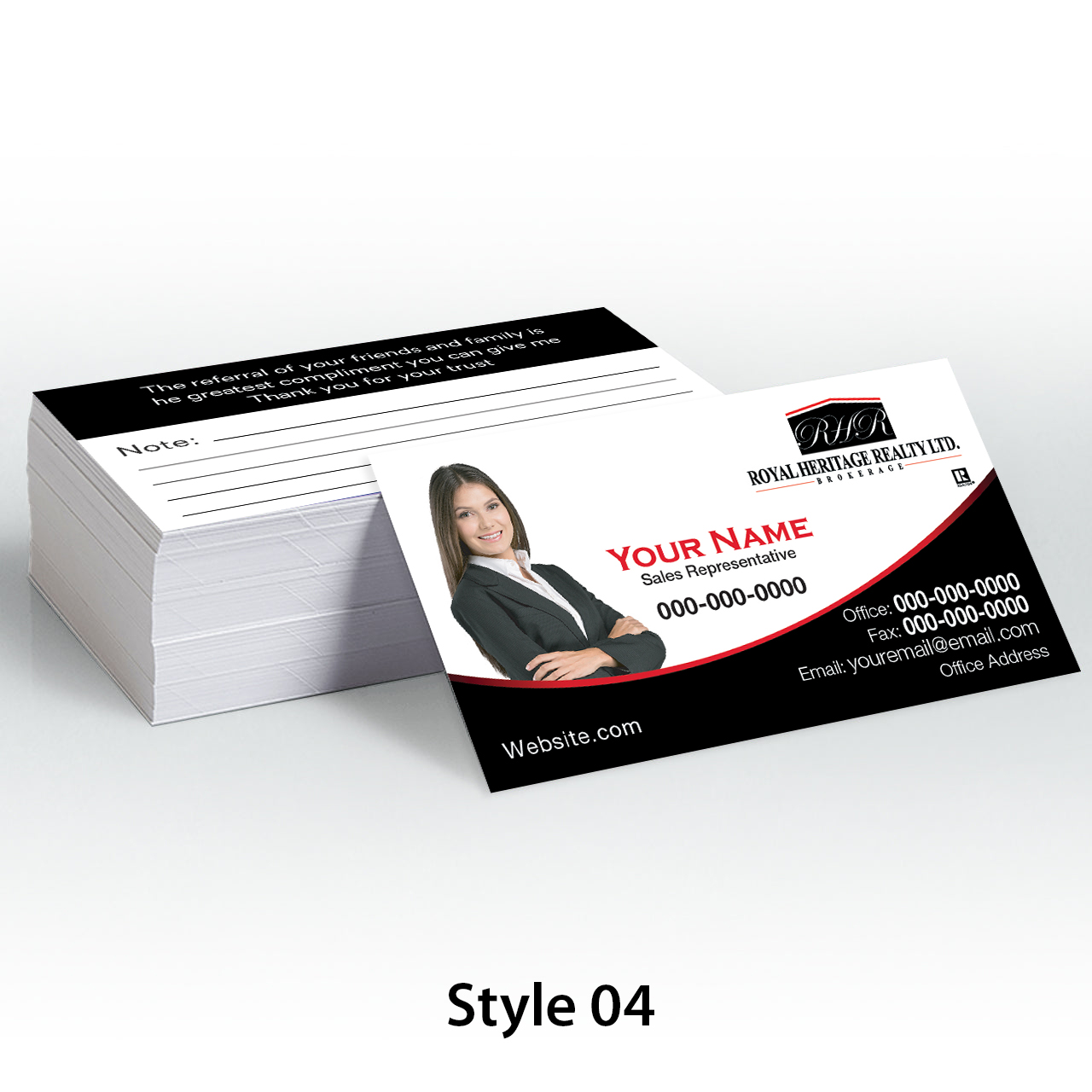 royal heritage business cards with notes and photo