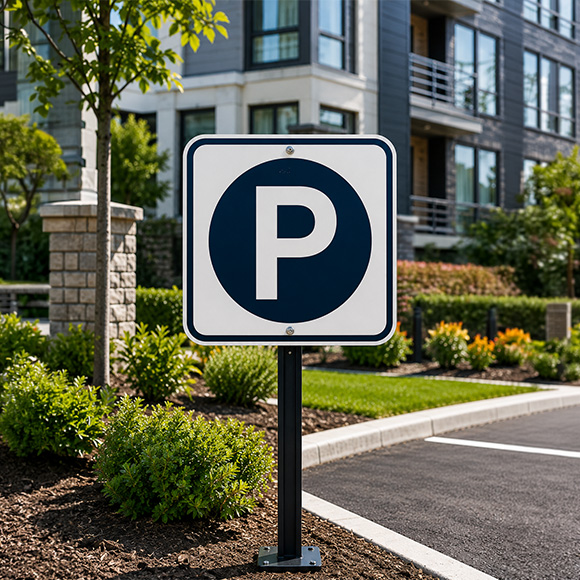 Parking sign post outside a residential building