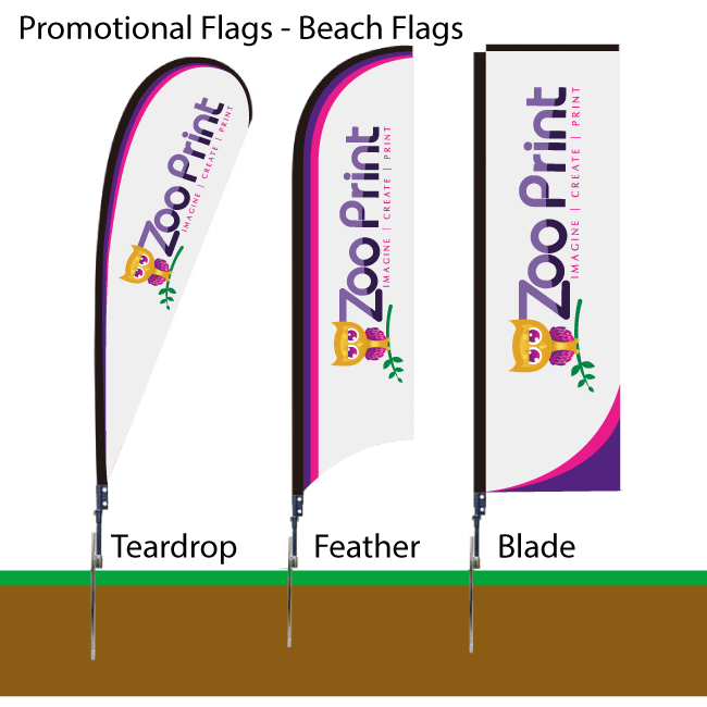 Custom promotional teardrop, feather, and blade beach flags online printing in USA and Canada - Zoo Print